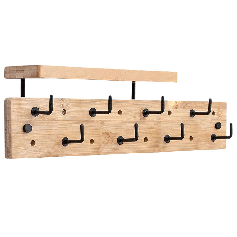 Porte-manteau Mural En Bois Avec 4 Crochets Métal Et Céramique - Blanc, Noir, Naturel - 19x48x14 Cm