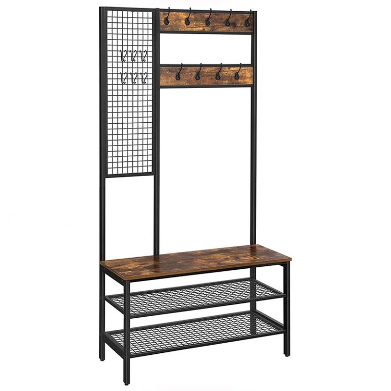VASAGLE Vestiaire de Style Industriel, Porte-Manteau, Meuble d'entrée, avec Étagère à Chaussures, 9 Crochets, Multifonction HSR47BX - Maison